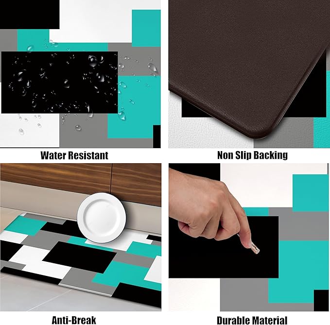 Teal Kitchen Rugs Set of 2 Cushioned Anti Fatigue Kitchen Mats for Floor Non-Slip Waterproof Kitchen Floor Mats Geometric Ergonomic Cushioned Comfort Standing Mat for Laundry, Office, Sink