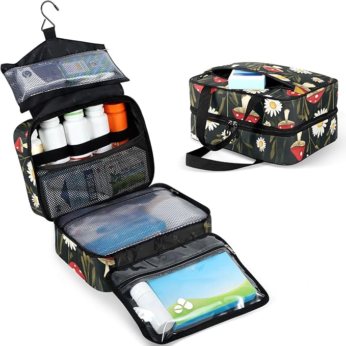 Fustylead Watercolor Amanita Mushrooms and Daisy Travel Pill Bottle Organizer Large Home Storage Medication Bag with Zipper for Vitamins, First Aid, Fish Oil, Medical Supplies