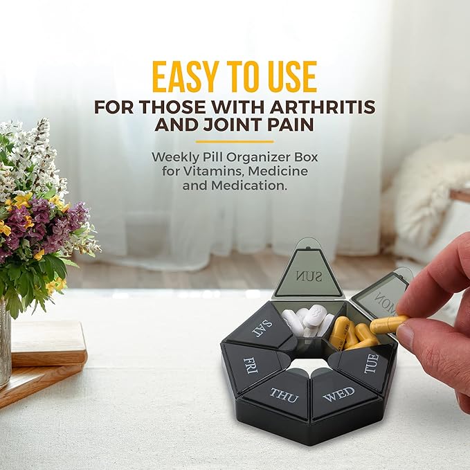 Weekly Pill Organizer - (Pack of 4) 7-Day Pill Container - Arthritis Friendly Portable & Compact Travel Case Daily Compartment Medicine Pills Box for Supplements, Medication, Vitamins and Fish Oils