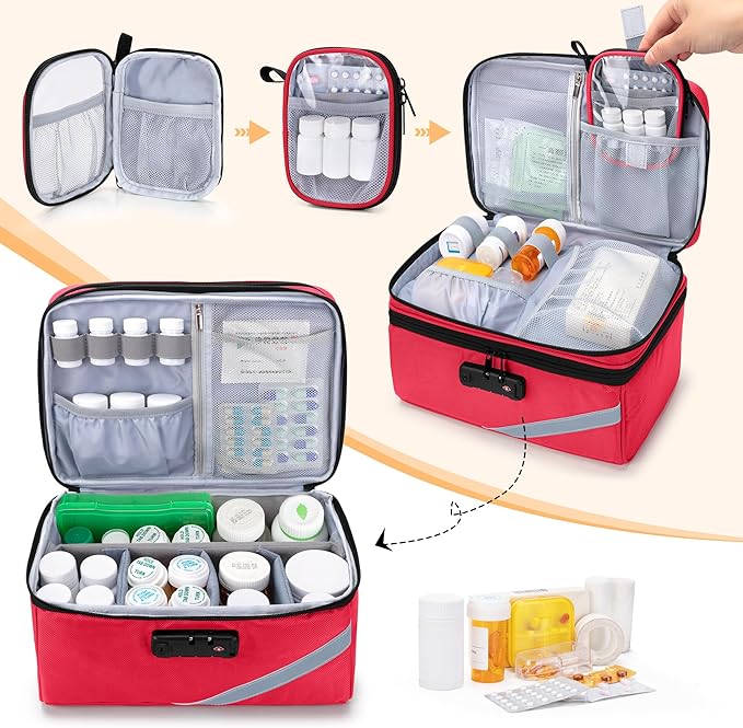 Trunab Medicine Storage Bag with Combination Lock, Lockable Pill Bottle Organizer, Travel Medication Carry Case for Medicine Box, Prescription, Vitamins, Supplements or Medical Supplies