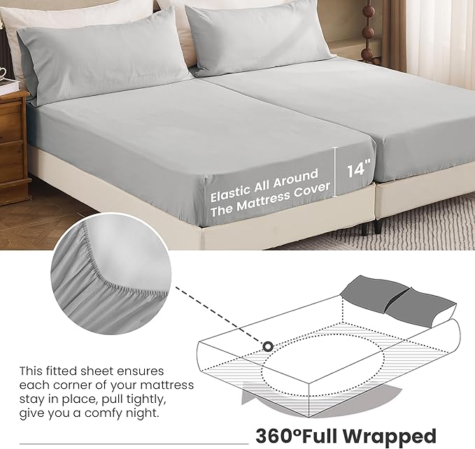 Simple&Opulence Belgian Linen Sheet Set Solid Color - 5 Pieces (1 Flat Sheet, 2 Fitted Sheets & 2 Pillowcases) Natural Flax Cotton Blend Soft Breathable Farmhouse Bedding - Split King Size, Grey