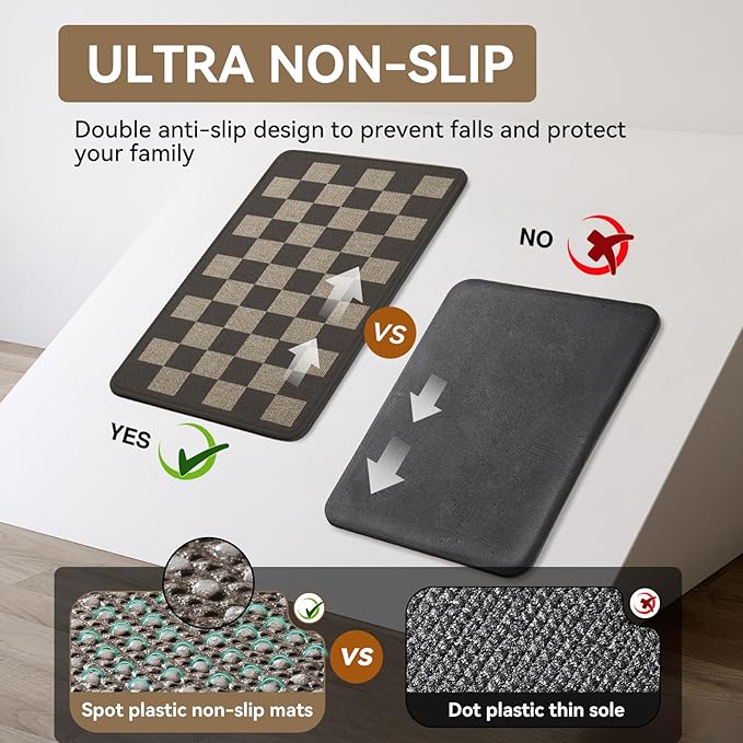 Kitchen Mats for Floor Kitchen Rugs Non Slip Washable, Super Absorbent Linen-Look Woven Kitchen Runner Rug, Sink Mat Standing Mat, Easy Clean, Black Beige Checkered 17"x59"
