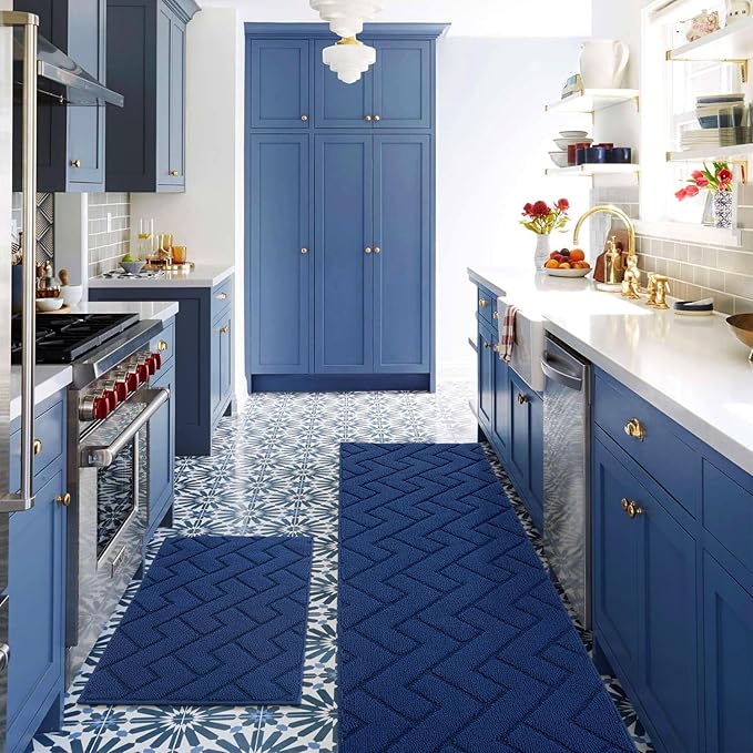 hicorfe Kitchen Rugs and Mats Sets,2 Pieces Super Absorbent Polypropylene Non-Slip Rug,Soft Comfort Floor Mat,Washable for Kitchen,Hallway,Office,Sink,Laundry(20" x 32"+24" x 71",Navy Blue)