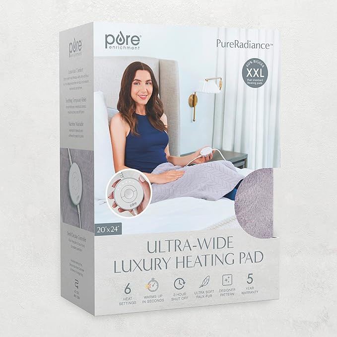Pure Enrichment PureRadiance Ultra-Wide Luxury Heating Pad, Patented Design, Soft Faux Fur, Micromink, 6 Heat Settings, Machine Washable, Large, 20”x24” (Amethyst Dusk)