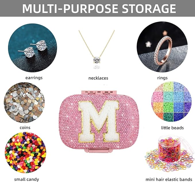 Cute Pill Organizer Small Bling Pill Case for Purse Medicine Vitamin Container Holder Daily Pill Box Container for Women Travel Medicine Kit(Letter M Pink)