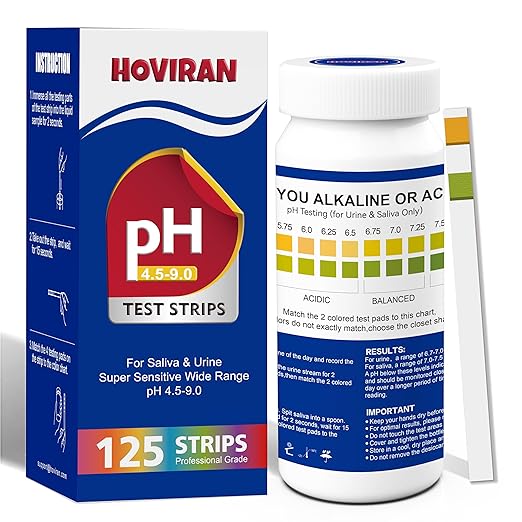 pH Test Strips for Saliva & Urine, 125 Urine Test Strips for Tracking Alkaline & Acid Levels in Body, Monitor Your pH Level from 4.5-9.0