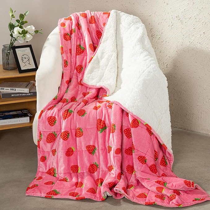 Aemicion Strawberry Pink Weighted Blanket for Adults,King Size Heavy Blanket 20lbs 80x87in,Soft Sherpa Fleece Washable Blanket as Gifts for Women Mon