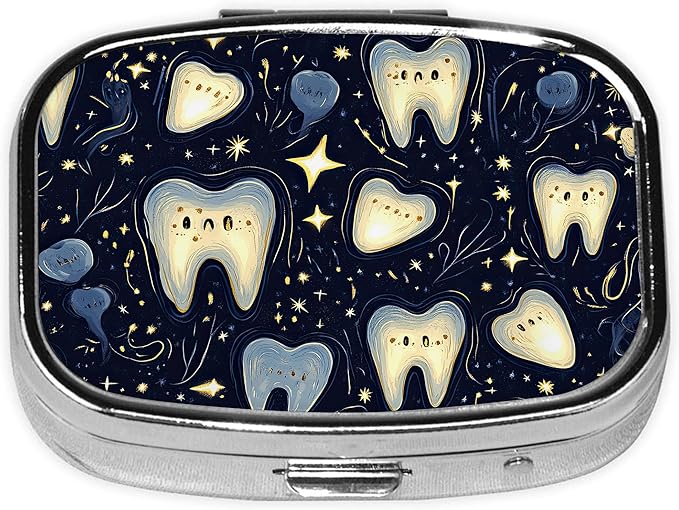 Pill Box-2 Compartment Small Pill Case Square Organizer Case with Mirror Portable Metal Medicine Box Travel Container for Pocket & Purse Women Men(Cute Teeth)