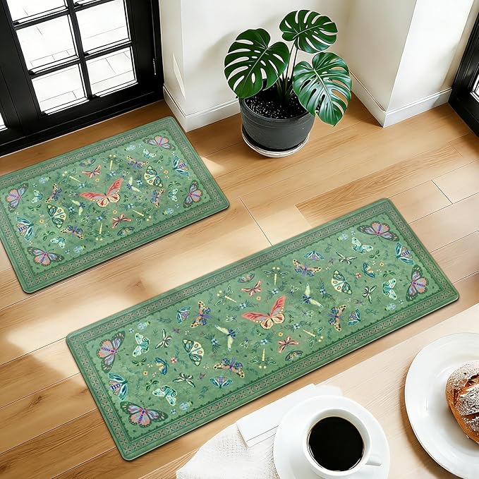 Yinhua Kitchen Rugs Sets of 2, Green Insect Kitchen Rugs Non Slip Washable, Farmhouse Anti Fatigue Mats for Kitchen Floor, PVC Waterproof Rug for Spring Summer, 18"x30"+18"x48"