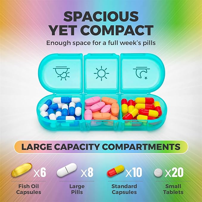 Weekly 3 Times a Day Pill Organizer - Large 7 Day Medicine Planner with Separate Daily Containers, Clear Storage Case, Easy Open Lids, Travel Pill Box for Vitamins, Supplements & Medication, Rainbow