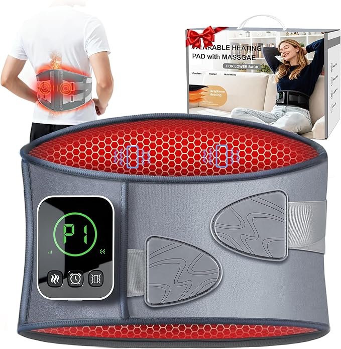 Graphene-Infused Cordless Heating Pad with Massager for Back, 5000mAh Rechargeable Portable Lower Back Massager with 3 Heat 3 Vibration with 20/30/40 mins Timer Options, Gifts for Women Men Mom Dad