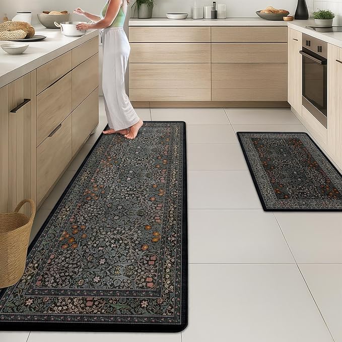 Arttown Kitchen Mats for Floor 2Pcs-Anti Fatigue Non Slip Mats for Kitchen Floor, Cushioned Waterproof & Stain-Resistant Plant Floral Mat Set, Laundry Room, Office, Sink, Desk (Dark Black)