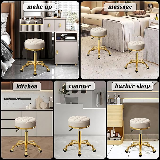 Rolling Stool Gold Vanity Stool with Wheels, Pedicure Massage Roller Stools, PU Leather Round Swivel Salon Spa Chair, Titanium Gold Base, Height Adjustable 43-55 cm (Off White)