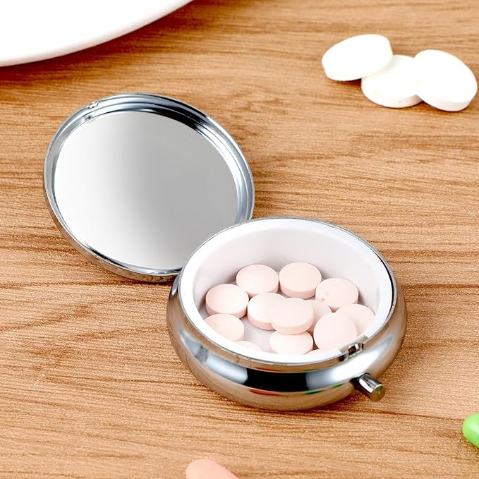 Pill Box Cute Small Pill Box for Purse & Pocket Medicine Organizer Travel Pillbox Waterproof Pill Case Metal Pill Container Holder for Vitamins, Fish Oil, Supplements(Silver)