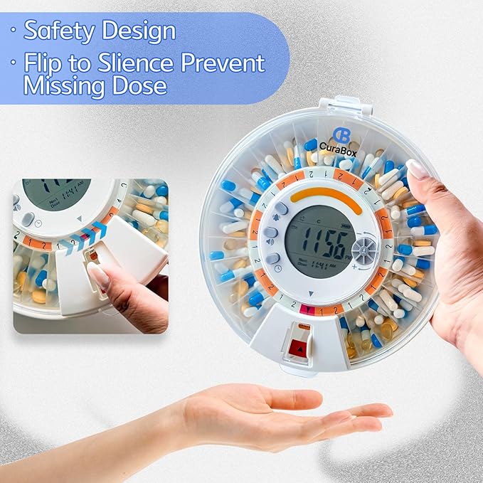 Automatic Pill Dispenser for Elderly with Alarm - WiFi App Monitoring - 28 Day Medication Organizer for Care Monitoring with Lock Key, Light/Sound Alarms for Prescriptions & Vitamins