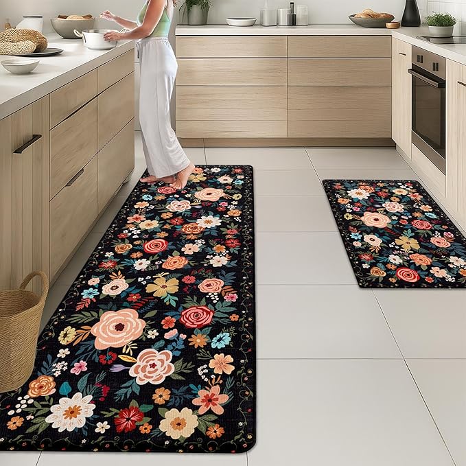 Arttown Kitchen Mats for Floor 2Pcs-Anti Fatigue Non Slip Mats for Kitchen Floor, Cushioned Waterproof & Stain-Resistant Boho Floral Mat Set, Laundry Room, Office, Sink, Desk (Black)