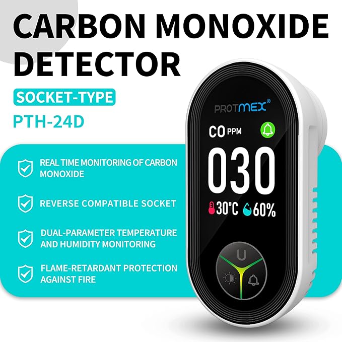 Protmex Carbon Monoxide Detector Plug in Wall, 3-in-1 Co Detector Monitor Air Quality with Temperature Humidity Sensor, Portable CO Meter Easy to Read & Install