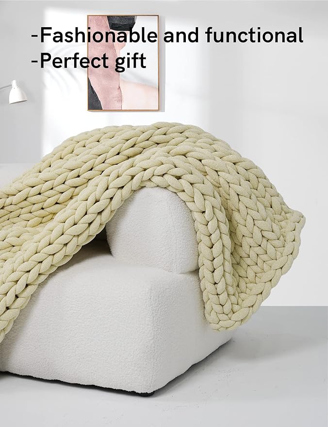 YnM Chenille Weighted Blanket, Handmade Chunky Knitted Design, Soft and Cozy, Temperature Regulating and Breathable, Machine Washable Throw for Sleep or Home Decor (Sparkling White, 50x60 Inch, 10lbs)
