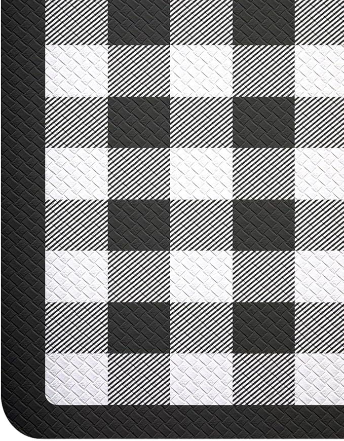DEXI Kitchen Floor Mats Anti Fatigue, 20x29+20x59 Large Wide Cushioned Runner Rug Memory Foam, Waterproof Comfort Standing Padded Non Skid for Home Office Sink Laundry, Black and White Buffalo Plaid