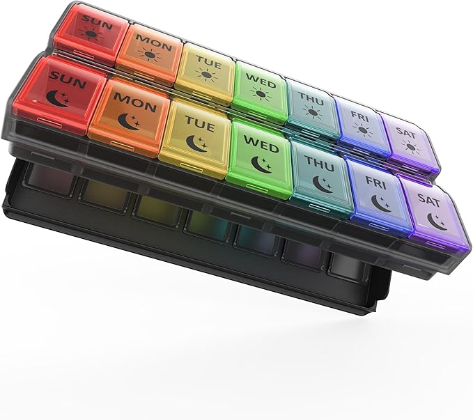 Fullicon Large-Capacity Pill Organizer 2 Times a Day, Fast-Refill Medicine Pill Organizer, Pill Box, Travel Pill Box, Medicine Organizer, AM PM Weekly Pill Case (Black Rainbow) Patent Pending