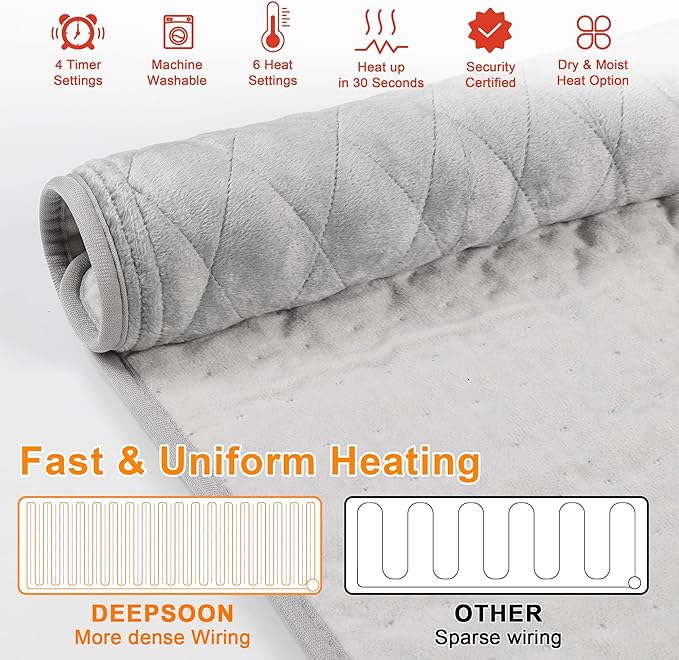 Deepsoon Heating Pad,Electric Heating Pads for Back,Neck,Abdomen,Moist Heating Pad for Shoulder,Knee,Arms,Legs,Dry/Moist Heat & Auto Shut Off,Christmas Gifts for Men and Women,Weighted Gray,24x12 Inch