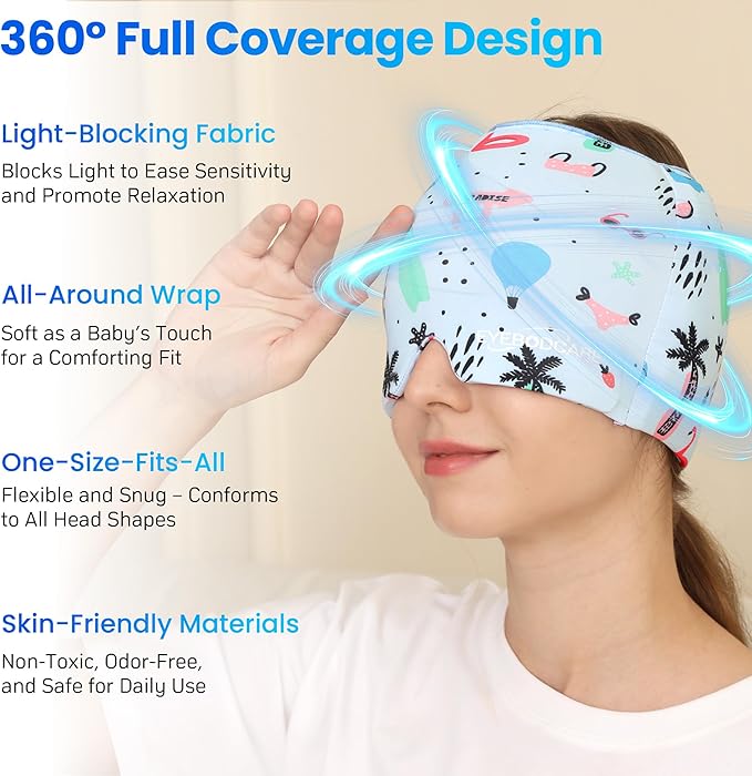 Migraine Relief Cap, Reusable Headache Relief Cap with Hot & Cold Therapy, Soothing Headache Hat, Odorless Gel Ice Head Wrap for Tension, Stress, Sinus & Headache, Beach Style, 1Pc