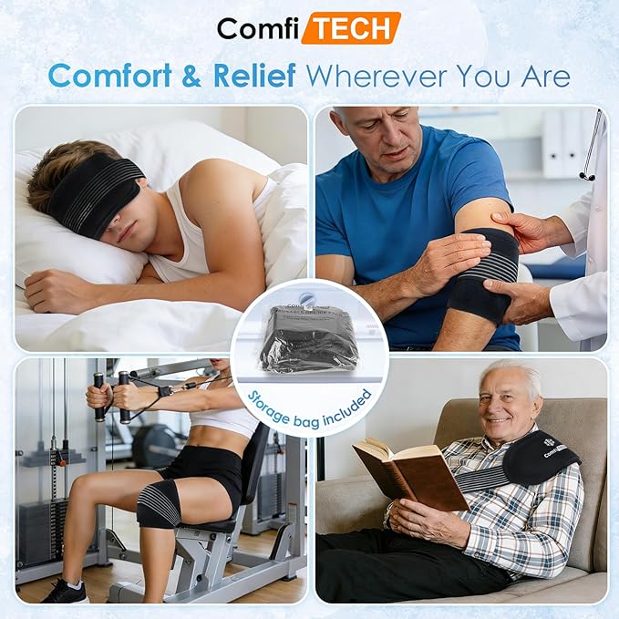 ComfiTECH Triple-Gel Soft Ice Packs for Injuries Reusable with Extended 30-Min Cooling, Flexible Ice Wraps with Adjustable Strap for Joint, Muscle Recovery on Knee, Back, Shoulder, Arm, Neck, 10"×5"