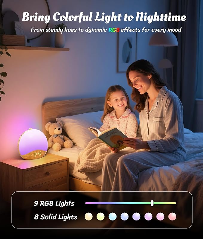 ecozy Wood Grain Sunrise Alarm Clock, White Noise Sound Machine, Music-Sync Lights, Upgraded Backlit Buttons for Bedrooms, 26 Soothing Sounds, 17 Night Lights, Wake Up Light for Heavy Sleepers