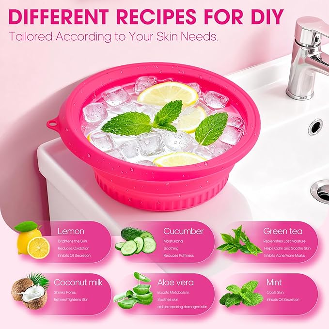 Portable Facial Ice Bath Bowl - Foldable Silicone Bowl with Built-In Ice Tray for Skincare, Suitable for Skin Facial Icebath at Home (Rose)