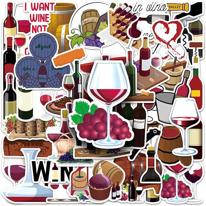 50pcs Red Wine Stickers,Cute Wine Label & Glass Pattern Decals, Waterproof & Durable for Notebook, Wine Bottle, Party Decoration