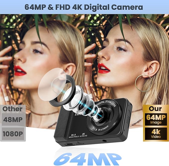 64MP 4K Digital Camera, Hoestr 18X Zoom Autofocus Point and Shoot Compact Camera with 64GB TF Card, Flash, 2.8" LCD Screen for Teens Adult Beginner Travel Photography Vlogging（Black）