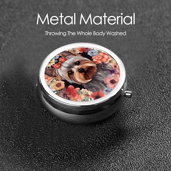 Pill Box 3 Compartment Medicine Pill Organizer Yorkie Floral Round Pill Case for Purse & Pocket Travel Pillbox Portable Metal Medicine Vitamin Fish Oil Organizer Unique Gift