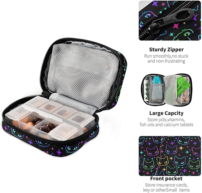 Travel Pill Organizer Bag Weekly Pill Organizer Case Goth Colorful Neon Cat Heads Portable Small Daily Pill Boxes for Vitamin Fish Oils Supplement Holder with Zipper Compact Size
