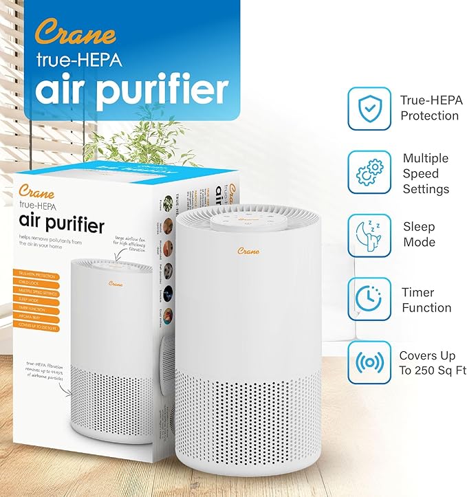 Crane True HEPA Air Purifiers for Home, Up To 250 Sq Ft, Air Purifiers For Bedroom, and Office, Removes Dust, Smoke, Pet Dander, and Allergens, Purifier HEPA with Sleep Timer, Child Lock, Aroma Tray