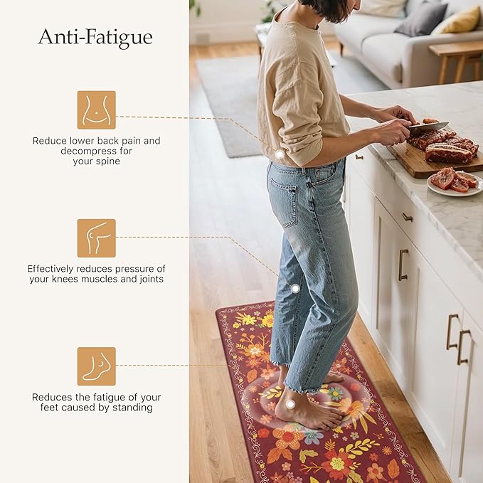 GENIMO Kitchen Mats for Floor 2PCS, Cushioned Kitchen Rugs Non Slip Washable, Farmhouse Anti Fatigue Mat Waterproof, Comfort Standing Mat Rug for Office, Home, Laundry, 17.3"x59"+17.3"x30", Red