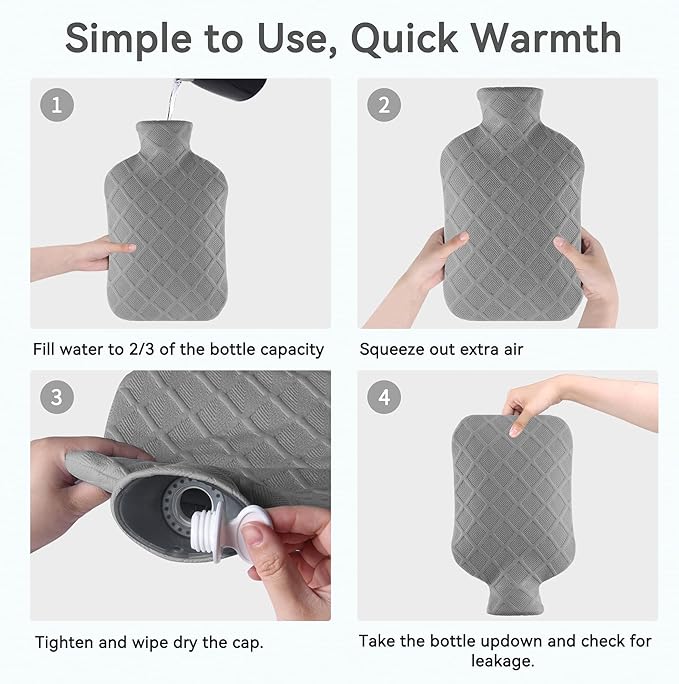 Hot Water Bottle with Soft Cover, 2L Hot Water Bag, Hot and Cold Therapies for Sore Muscles, Menstrual Cramps, Neck and Shoulder Pain Relief, Great for Women, Childs, Gray
