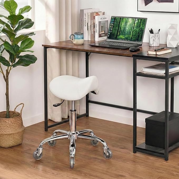 Saddle Stool, Ergonomic Saddle Chair with Wheels 450 LBS, Adjustable Height Swivel Salon Stool, Rolling Stool for Home Office Tattoo Massage Clinic Lab Beauty (White)