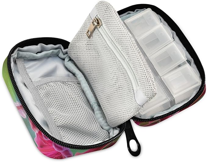 Pill Box Hummingbird Flower Bird 7 Day Pill Case Travel Pill Organizer Bag with Zipper Portable Weekly Vitamin Medicine Supplement Holder Pouch Bag