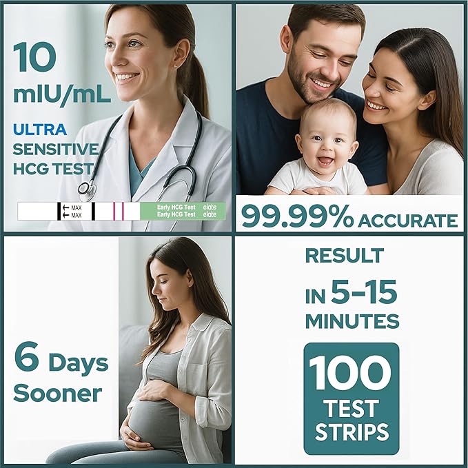 Elate Pregnancy Test Strips 100 Count, Early Detection HCG Test, 10 MIU/ml High Sensitivity, 99.99% Accurate Results, 6 Days Sooner, Easy to Use Home Pregnancy Test Kit