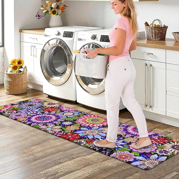 Likiyol Boho Kitchen Rugs Boho Floral Anti Fatigue Kitchen Mat for Floor Bohemian Flowers Non Slip Washable Kitchen Floor Mats, Comfort Standing Mat for Sink, Laundry, 18''x60'', 0.47" Th, Purple
