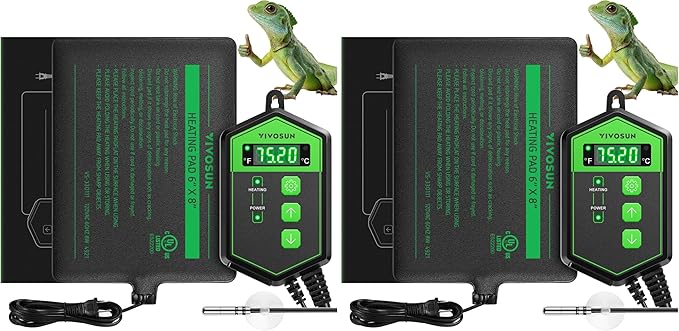 VIVOSUN Reptile Heating Pad 6x8 Inch with Thermostat Combo Under Tank Terrarium Heating Mat for Turtles, Lizards, Frogs, and Other Reptiles (Pack of 2)