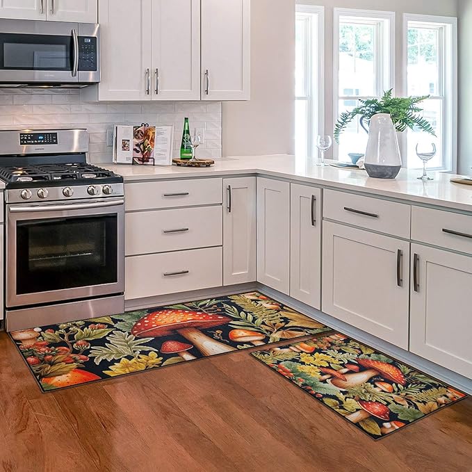 Mushroom Kitchen Mat Set of 2, Kitchen Rugs and Mats Non Slip Washable, Home Decor Low-Profile Kitchen Floor Mat (17”x30“+17''x47'')
