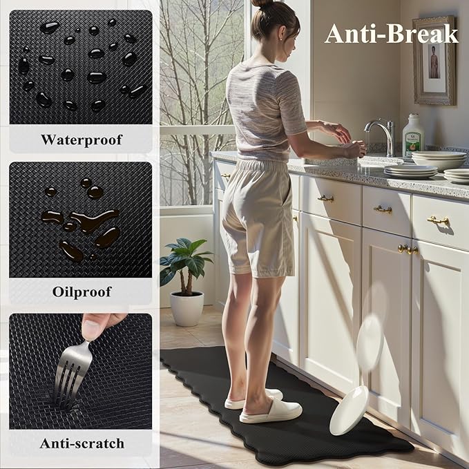 KIMODE Scalloped Kitchen Mats for Floor Cushioned Anti Fatigue,Wavy Kitchen Sink Rugs Sets of 2 Non Slip,Comfort Memory Foam Kitchen Floor Mat Carpet for Office Laundry,Black