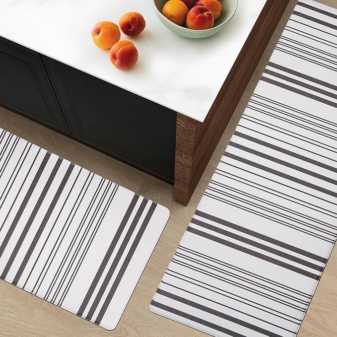 FRESHMINT Farmhouse Stripe Anti-Fatigue Kitchen Mat Set of 2, Cushioned Foam Kitchen Mats for Floor, Waterproof Non Slip Comfort Mat, Modern Kitchen Rug for Kitchen Decor, Sink, Laundry, Office