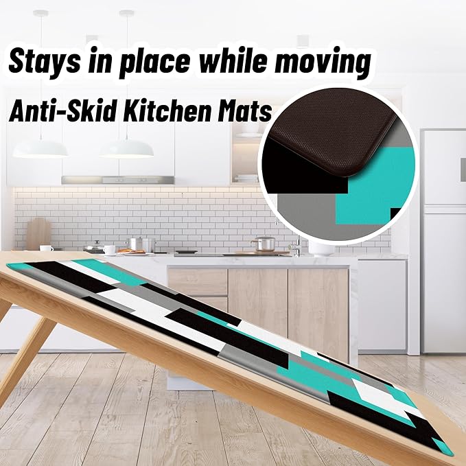 Teal Kitchen Rugs Set of 2 Cushioned Anti Fatigue Kitchen Mats for Floor Non-Slip Waterproof Kitchen Floor Mats Geometric Ergonomic Cushioned Comfort Standing Mat for Laundry, Office, Sink