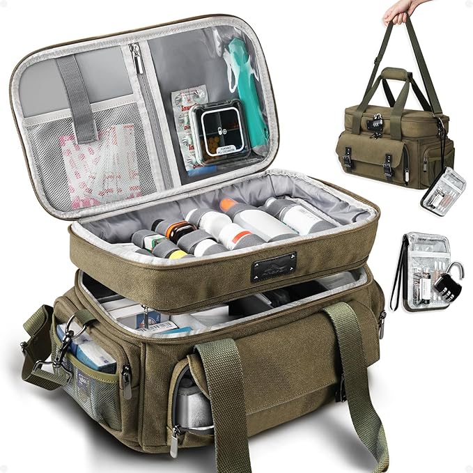 ARCFOX Medicine Storage Bag with Lock, Vintage Canvas Large Pill Bottle Organizer for Men, Double Layers Medication Storage with Portable Travel Pouch Shoulder Strap Handles, Army Green
