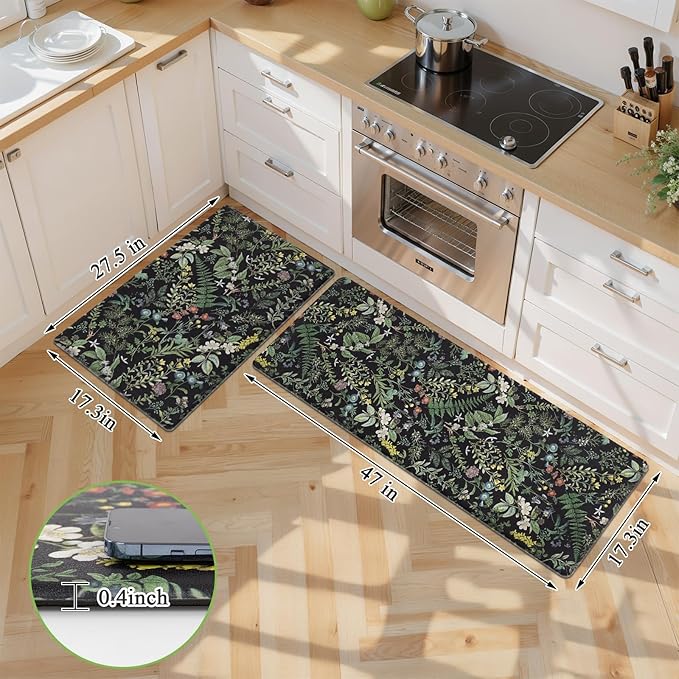 SHACOS Botanical Kitchen Rugs Set of 2 Spring Anti-Fatigue Kitchen Mats Black Green Leaf Cushioned Mats with Leaves Herb Greenery Farmhouse 17x27.5+17x47, Vintage Plants