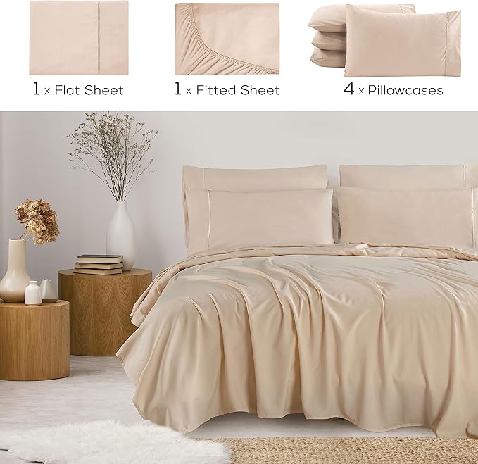 Mueller Ultratemp Bed Sheets Set, Super Soft 1800, 6 Piece California King Sheet Sets, Deep Pocket up to 16", Transfers Heat, Breathes Better, Hypoallergenic, Wrinkle-Resistant, Oeko-TEX, Cream