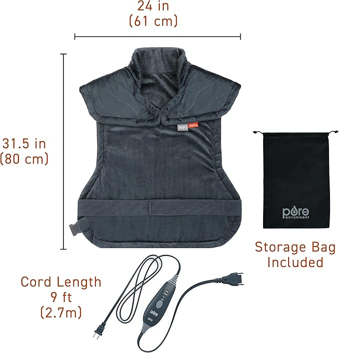 Pure Enrichment PureRelief Pro Far Infrared Back & Neck Heating Pad - Deeper Muscle Relief for Back, Neck, & Shoulder Pain in Athletes, 4 Heat Settings, Dry/Moist Heat, 31.5” x 24” (Iron Gray)