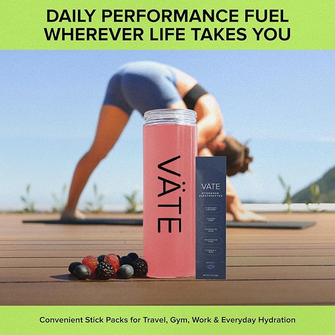 VATE Hydrogen Water + Electrolytes Powder Packets, 8 PPM Molecular Hydrogen + Electrolytes for Hydration, Focus & Recovery,Packets with Magnesium, Potassium, Vitamin C, 30 Count - Berry
